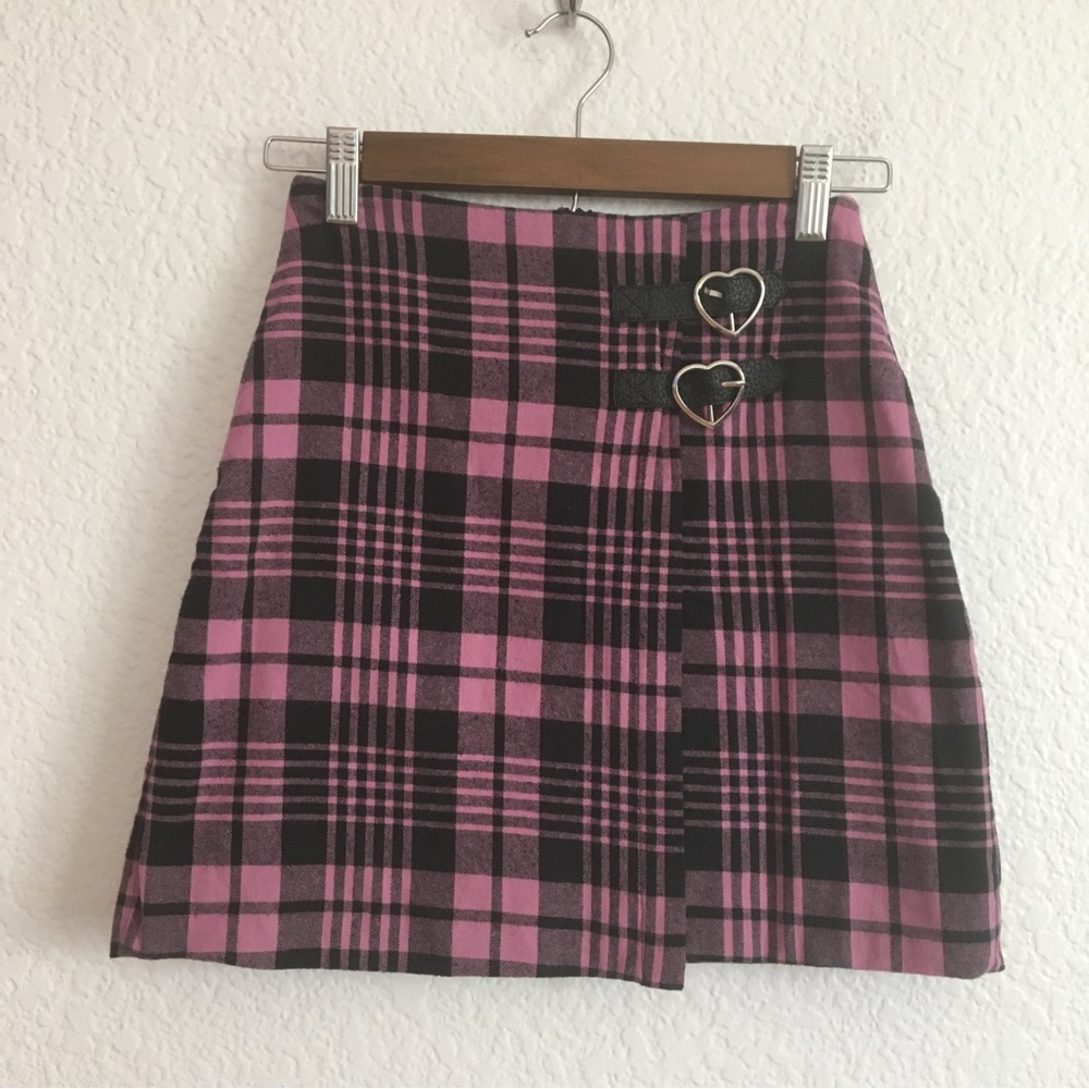 Lazy Oaf Pink Black Plaid Academia Kawaii Heart Mini Skirt UK 6 US XS (flaw)